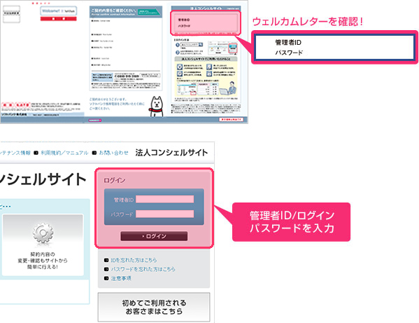 ウェルカムレターを確認!管理者ID/ログインパスワードを入力