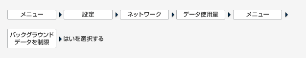 ［メニュー］＞［設定］＞［ネットワーク］＞［データ使用量］＞［メニュー］＞［バックグラウンドデータを制限］＞［はいを選択する］