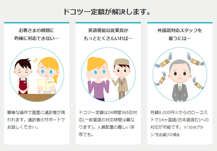 通訳者とテレビ電話でつながり、リアルタイムにお客さま対応をサポートします。