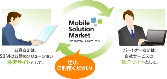モバイルソリューションマーケット お客さまは、SBMのお勧めソリューション検索サイトとして。パートナーさまは、自社サービスの紹介サイトとして。ぜひご利用ください。
