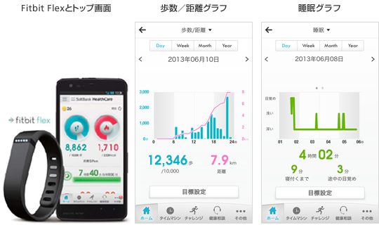 「Fitbit Flexとトップ画面」/「歩数/距離グラフ」/「睡眠グラフ」