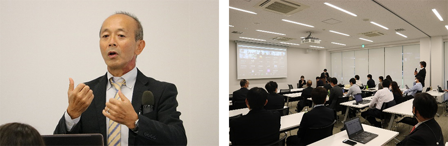 キックオフ会合での石原会長の挨拶(手話)/キックオフ会合の様子