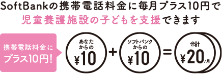 SoftBankの携帯電話料金に毎月プラス10円で児童養護施設の子どもを支援できます 携帯電話料金にプラス10円！あなたからの￥10＋ソフトバンクからの￥10＝合計￥20／月