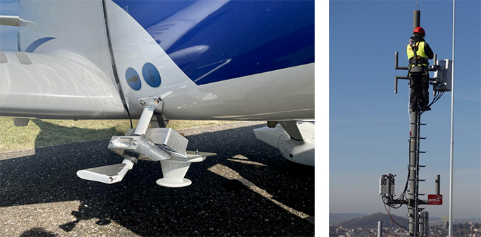 (Left) Antenna mounted on the aircraft (Right) Radio Base Station