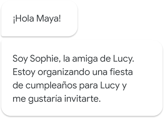 !Hola Maya! Soy Sophie, la amiga de Lucy. Estoy organizando una fiesta de cumpleanos para Lucy y me gustaria invitarte.
