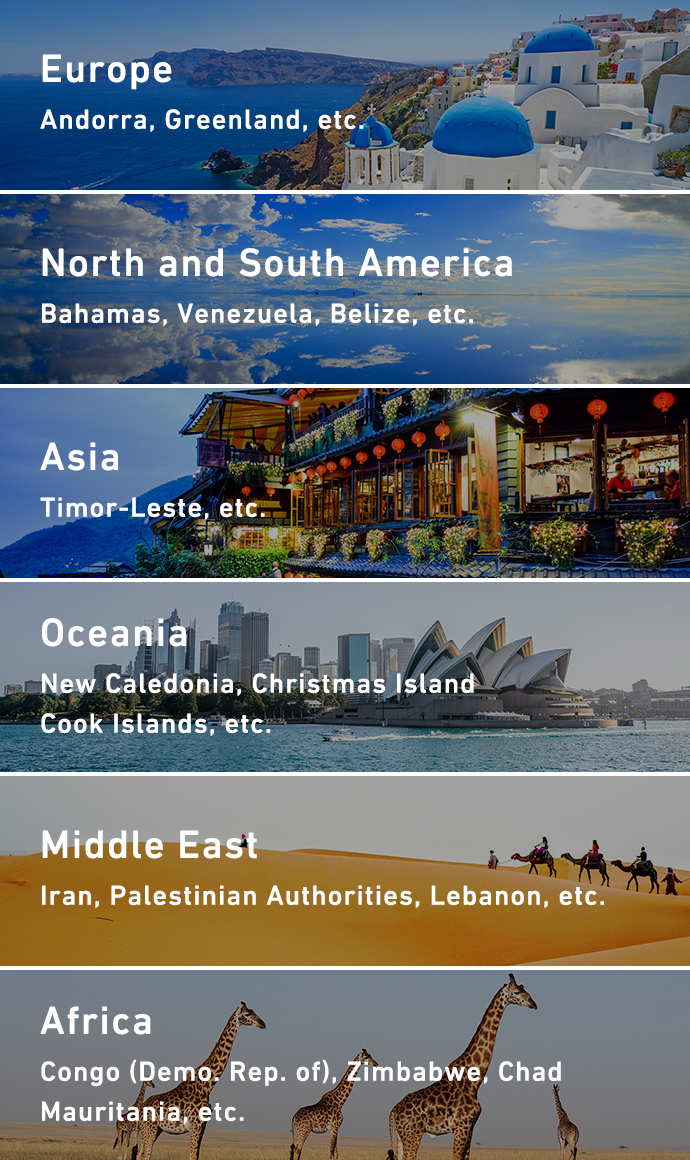 Europe Andorra, Greenland, etc. North and South America Bahamas, Venezuela, Belize, etc. Asia Timor-Leste, etc. Oceania New Caledonia, Christmas Island Cook Islands, etc. Middle East Iran, Palestinian Authorities Lebanon, etc. Africa Congo (Demo. Rep. of), Zimbabwe Chad, Mauritania, etc.