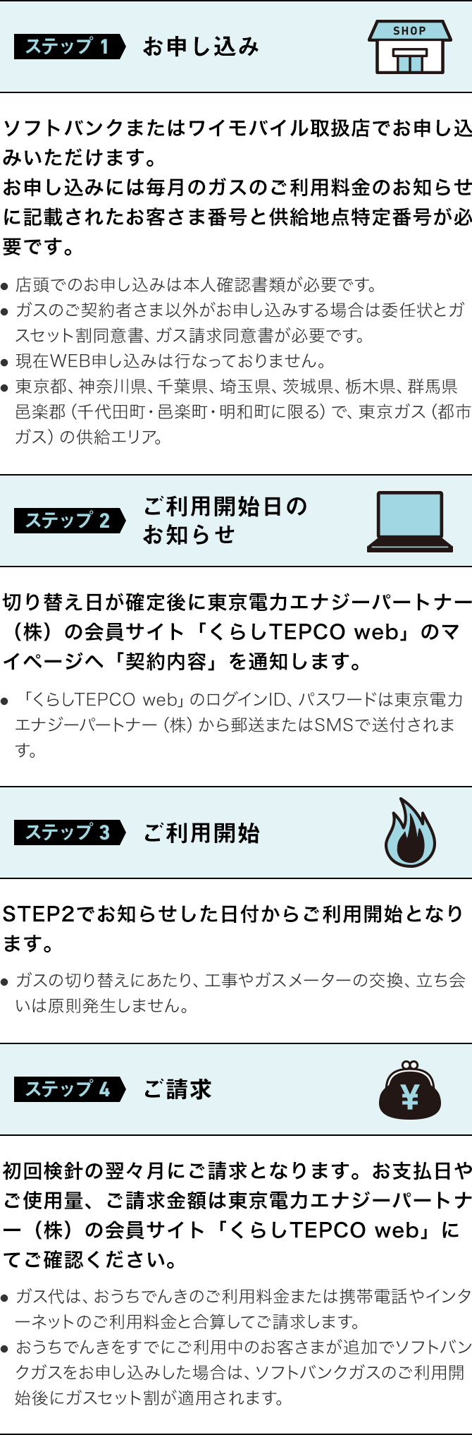 ステップ 1 お申し込み ソフトバンクまたはワイモバイル取扱店でお申し込みいただけます。 お申し込みには毎月のガスのご利用料金のお知らせに記載されたお客さま番号と供給地点特定番号が必要です。 ● 店頭でのお申し込みは本人確認書類が必要です。 ● ガスのご契約者さま以外がお申し込みする場合は委任状とガスセット割同意書、ガス請求同意書が必要です。 ● 現在WEB申し込みは行なっておりません。 ● 東京都、神奈川県、千葉県、埼玉県、茨城県、栃木県、群馬県 邑楽郡（千代田町・邑楽町・明和町に限る）で、東京ガス（都市ガス）の供給エリア。 ステップ 2 ご利用開始日のお知らせ 切り替え日が確定後に東京電力エナジーパートナー（株）の会員サイト「くらしTEPCO web」のマイページへ「契約内容」を通知します。 ● 「くらしTEPCO web」のログインID、パスワードは東京電力エナジーパートナー（株）から郵送またはSMSで送付されます。  ステップ 3 ご利用開始 ステップ2でお知らせした日付からご利用開始となります。 ● ガスの切り替えにあたり、工事やガスメーターの交換、立ち会いは原則発生しません。 ステップ 4 ご請求 初回検針の翌々月にご請求となります。お支払日やご使用量、ご請求金額は東京電力エナジーパートナー（株）の会員サイト「くらしTEPCO web」にてご確認ください。 ● ガス代は、おうちでんきのご利用料金または携帯電話やインターネットのご利用料金と合算してご請求します。 ● おうちでんきをすでにご利用中のお客さまが追加でソフトバンクガスをお申し込みした場合は、ソフトバンクガスのご利用開始後にガスセット割が適用されます。