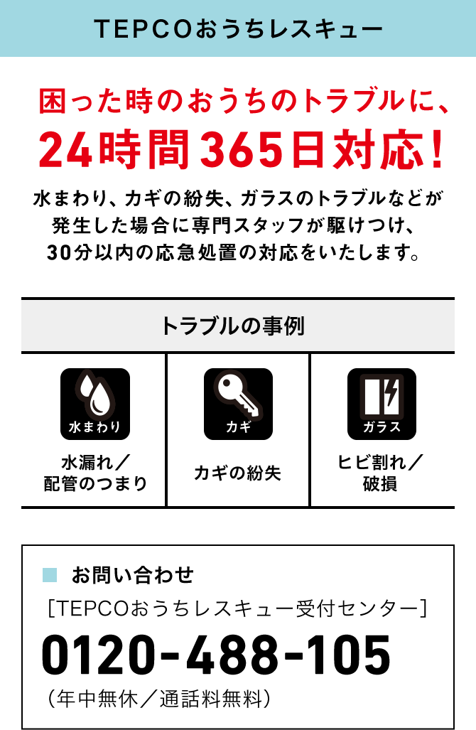 TEPCOおうちレスキュー 困った時のおうちのトラブルに、 24時間365日対応! 水まわり、カギの紛失、ガラスのトラブルなどが 発生した場合に専門スタッフが駆けつけ、 30分以内の応急処置の対応をいたします。 トラブルの事例 水まわり 水漏れ／ 配管のつまり カギ カギの紛失 ガラス ヒビ割れ／ 破損 ■お問い合わせ ［TEPCOおうちレスキュー受付センター］ 0120-488-105 （年中無休／通話料無料）