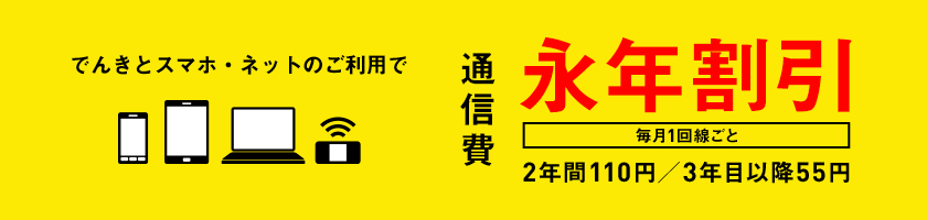 でんきとスマホ・ネットのご利用で通信費 毎月1回線ごと 永年割引 2年間110円/3年目以降55円