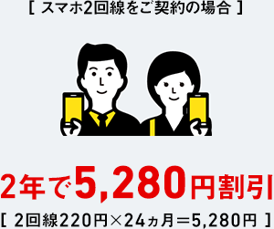 [スマホ2回線をご契約の場合] 2年で5,280円割引 [2回線220円×24ヵ月＝5,280円]
