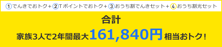 ①でんきでおトク+②Tポイントでおトク+③おうち割でんきセット+④おうち割光セット 合計 家族3人で2年間最大161,840円相当おトク!