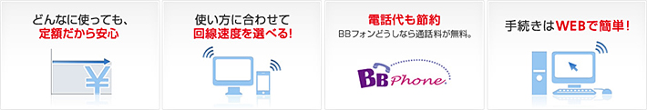 どんなに使っても、定額だから安心。使い方にあわせて回線速度を選べる！ 電話代も節約 BBフォンどうしなら通話料が無料。 手続きはWEBで簡単！