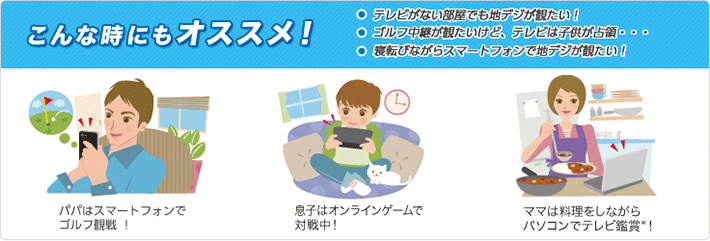 こんな時にもオススメ！ テレビがない部屋でも地デジが観たい！／ゴルフ中継が観たいけど、テレビは子供が占領…／寝転びながらスマートフォンで地デジが観たい！
パパはスマートフォンでゴルフ観戦！／息子はオンラインゲームで対戦中！／ママは料理をしながらパソコンでテレビ鑑賞！