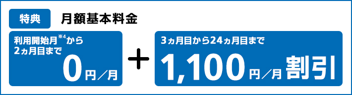 特典 月額基本料金 [利用開始月※4 から2ヵ月目まで0円／月]＋[3ヵ月目から24ヵ月目まで1,100円／月割引]