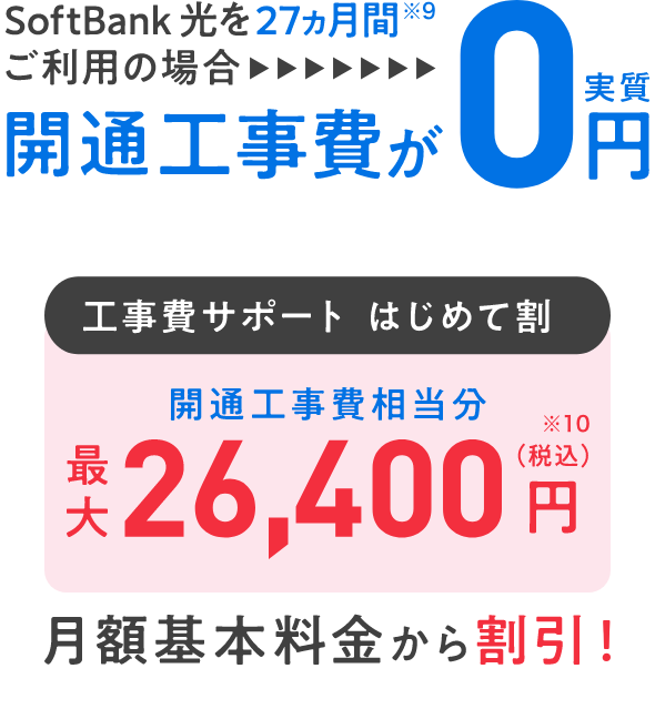 SoftBank 光を27ヵ月間※9ご利用の場合開通工事費が実質0円 工事費サポート はじめて割 開通工事費相当分最大26,400円(税込)※10 月額基本料金から割引!