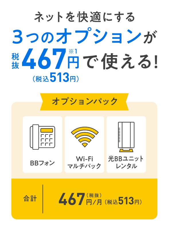 ネットを快適にする３つのオプションが税抜467円（税込513円）※1で使える！ オプションパック BBフォン Wi-Fiマルチパック 光BBユニットレンタル 合計 467円／月（税抜）（税込513円）