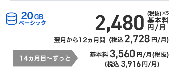 基本料2,480円/月（税抜）※5 翌月から12ヵ月間（税込2,728円/月） 14ヵ月目～ずっと基本料3,560円/月（税抜）（税込 3,916円/月）