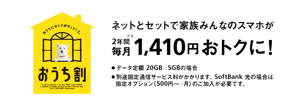 おうちにおトクがやってくる。 おうち割 光とセットで家族みんなのスマホが2年間※1 毎月1,410円おトクに! ・データ定額 20GB/5GBの場合 ・別途固定通信サービス料がかかります。SoftBank 光の場合は指定オプション(500円~/月)のご加入が必要です。