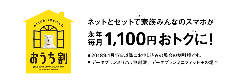 おうちにおトクがやってくる。 おうち割 光とセットで※1家族みんなのスマホが永年毎月1,100円おトクに!※2 ・2018年1月17日以降にお申し込みの場合の割引額です。 ・データプランメリハリ無制限/データプランミニフィット+の場合