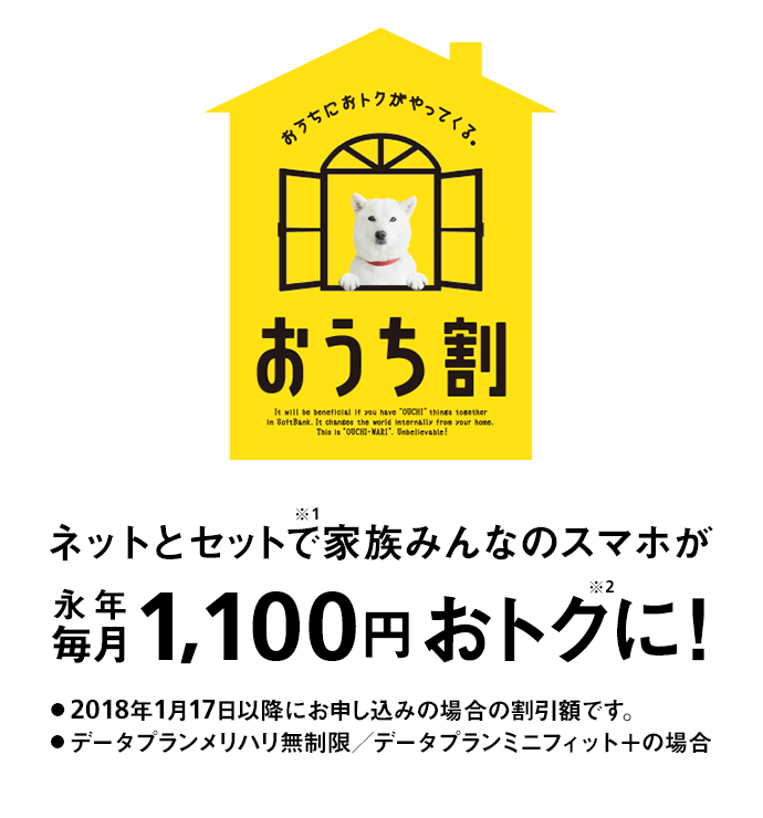 おうちにおトクがやってくる。 おうち割 光とセットで※1家族みんなのスマホが永年毎月1,100円おトクに!※2 ・2018年1月17日以降にお申し込みの場合の割引額です。 ・データプランメリハリ無制限/データプランミニフィット+の場合