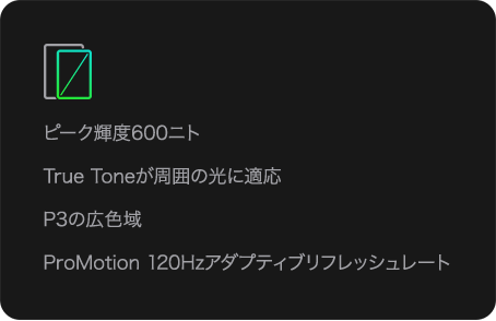 ピーク輝度600ニト True Toneが周囲の光に適応 P3の広色域 ProMotion 120Hzアダプティブリフレッシュレート