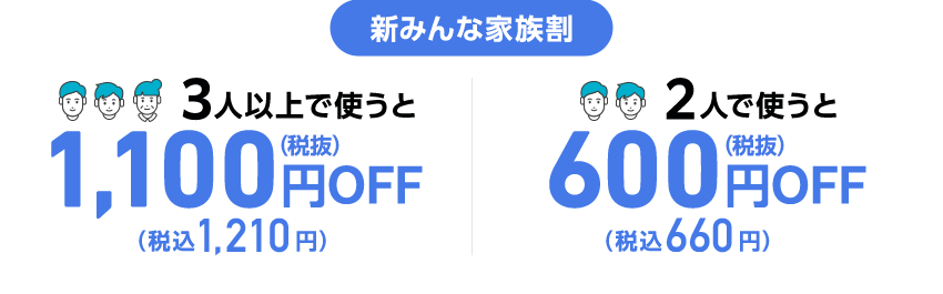 新みんな家族割 3人以上で使うと (税抜)1,100円(税込1,210円)OFF 2人で使うと (税抜)600円(税込660円)OFF