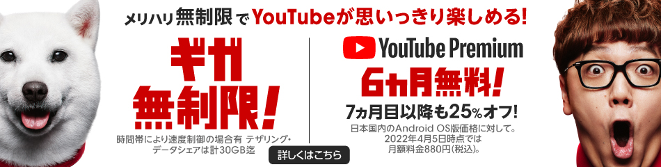 メリハリ無制限でYouTubeが思いっきり楽しめる！ ギガ無制限！ 時間帯により速度制限の場合有 テザリング・データシェアは計30GB迄 YouTube Premium6カ月無料！ 7ヵ月目以降も25%オフ！ 日本国内のAndroid OS版価格に対して。2022年4月5日時点では月額料金880円（税込）。