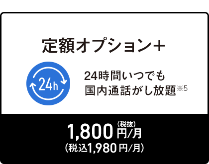 定額オプション+ 24時間いつでも国内通話がし放題 +1,800円/月(税抜)(税込1,980円/月)