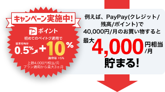 キャンペーン実施中! Pポイント 初めてのペイトク適用で基本付与分 0.5%→+10% 通常時+5% 上限4,000円相当/月 プラン適用から最大3カ月 例えば、PayPay(クレジット/残高/ポイント)で40,000円/月のお買い物すると 最大4,000円相当/月 貯まる!