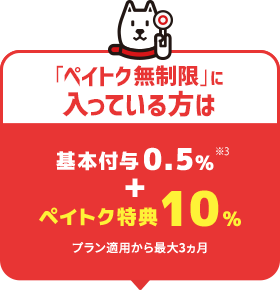 「ペイトク無制限」に入っている方は 基本付与0.5%※3 + ペイトク特典10% プラン適用から最大3ヵ月