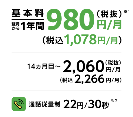 基本料翌月から１年間980円/月(税抜) (税抜1,078円/月) 通話従量制 22円/30秒 14ヶ月目~ 2,060円/月(税抜) (税込2,266円/月)