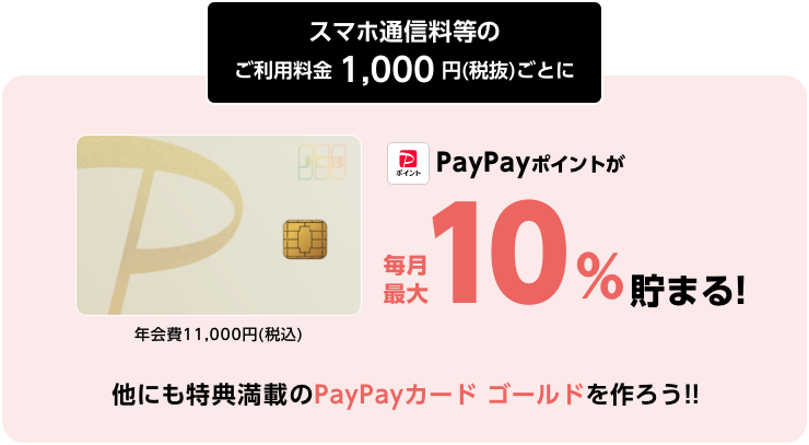 スマホ通信料等のご利用料金1,000円（税抜）ごとにPayPayポイントが毎月最大10％貯まる！他にも特典満載のPayPayカード ゴールドを作ろう‼年会費11,000円（税込）