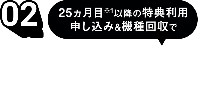 02　25ヵ月目※1以降の特典利用申し込み＆機種回収で最大24回分の機種代金※2がお支払い不要！