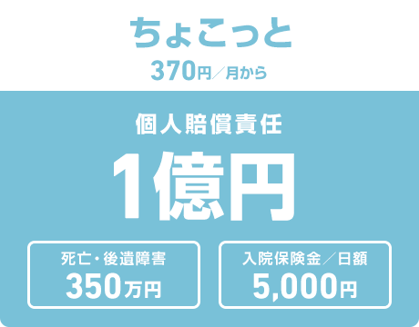 ちょこっと 370円／月から 個人賠償責任1億円 死亡・後遺症害350万円 入院保険金／日額5,000円