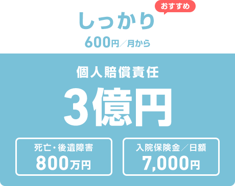 おすすめ しっかり 600円／月から 個人賠償責任3億円 死亡・後遺症害800万円 入院保険金／日額7,000円