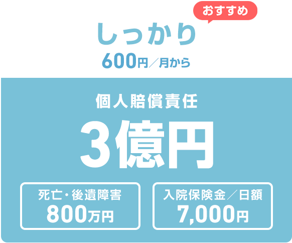 おすすめ しっかり 600円／月から 個人賠償責任3億円 死亡・後遺症害800万円 入院保険金／日額7,000円