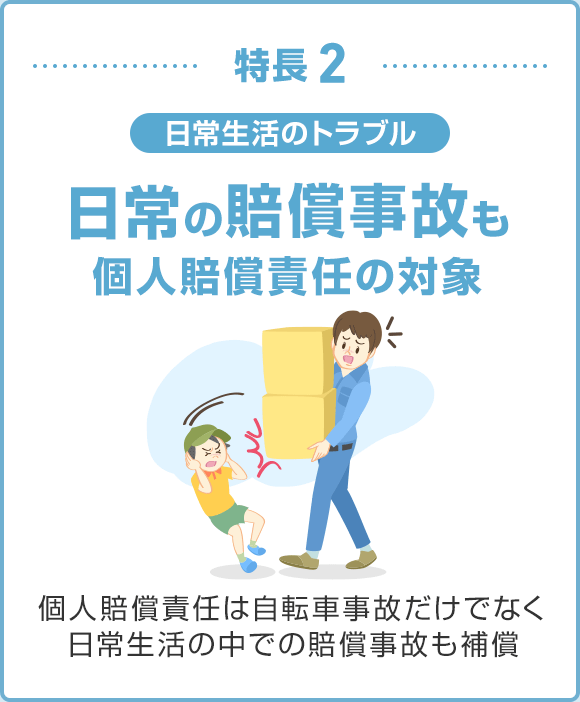 特長2 日常生活トラブル 日常の賠償事故も対応 個人賠償責任は自転車事故だけでなく日常生活の中での賠償事故も補償