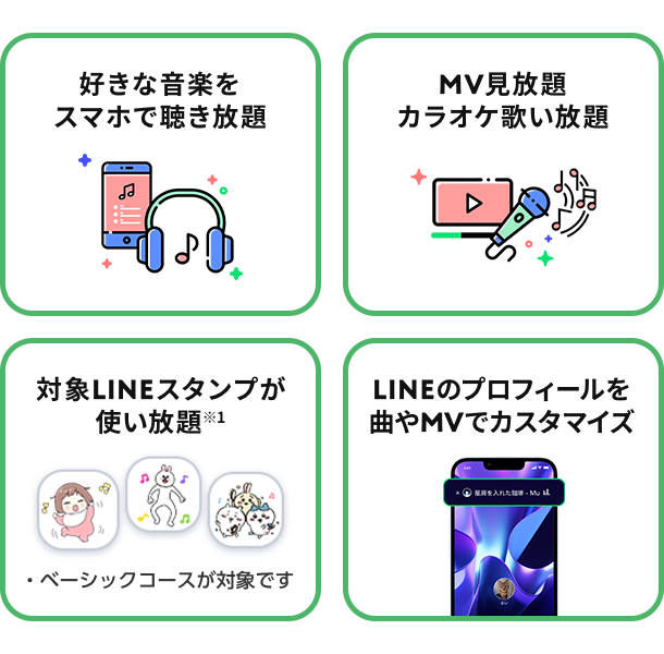 好きな音楽をスマホで聴き放題 MV見放題 カラオケ歌い放題 対象LINEスタンプが使い放題※1 LINEプロフィールを曲やMVでカスタマイズ
