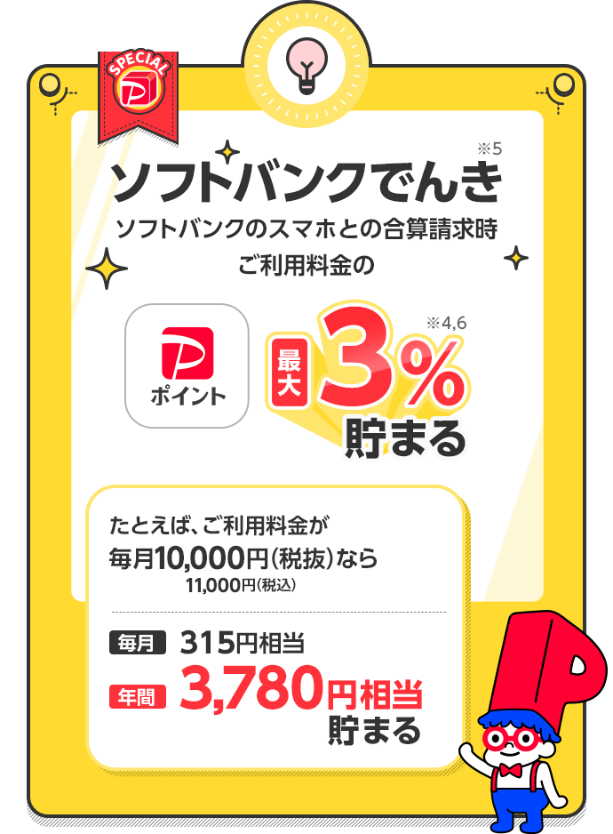 ソフトバンクでんき※5 ソフトバンクのスマホとの合算請求時ご利用料金のPayPayポイント最大3%※4,6貯まる たとえば、ご利用料金が毎月10,000円(税抜)11,000円(税込)なら 毎月315円相当 年間3,780円相当貯まる