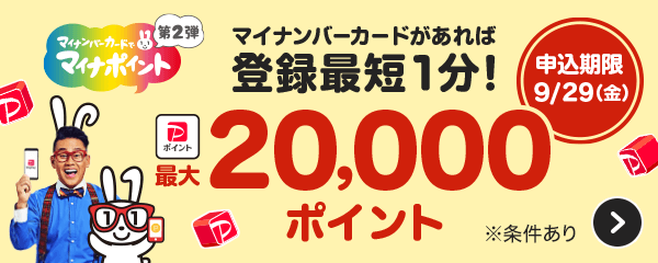 マイナンバーカードがあれば最短1分で登録完了　PayPayポイント最大20,000ポイントもらえる　条件あり