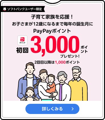 ソフトバンクユーザー限定 子育て家族を応援！お子さまが12歳になるまで毎年の誕生月にPayPayポイント初回3,000プレゼント！ 2回目以降は1,000円相当 詳しくみる