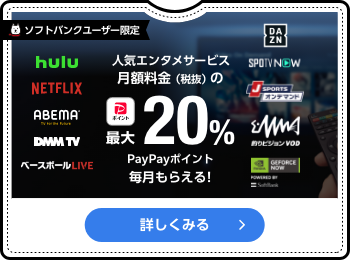 ソフトバンクユーザー限定 人気エンタメサービス月額料金（税抜）の最大20％PayPayポイント毎月もらえる！ 詳しくみる