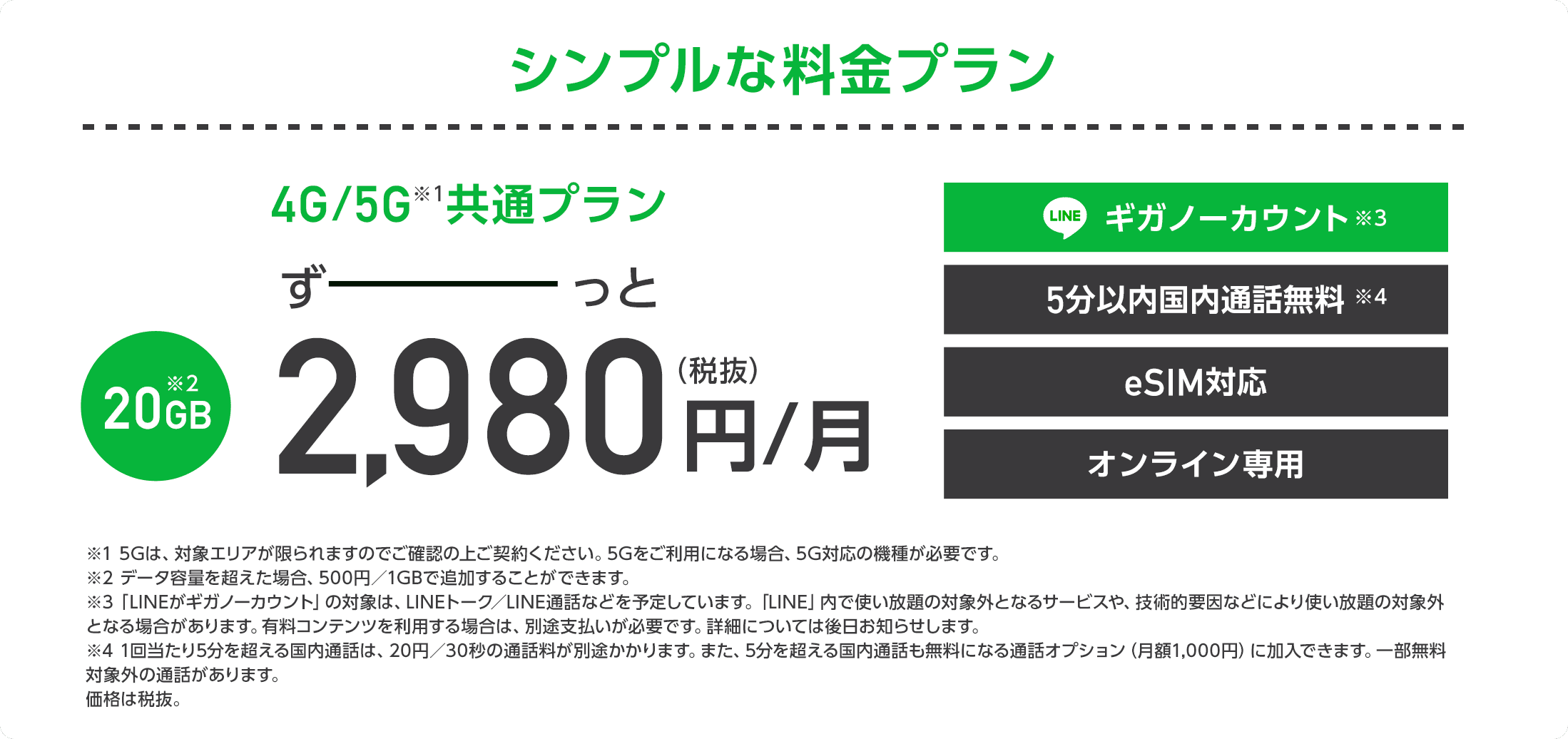 シンプルな料⾦プラン オンライン専用 新料金プラン 4G/5G共通プラン 20GB 2,980円 LINE ギガノーカウント 5分以内国内通話無料 eSIM対応 オンライン専用 ※表示価格は税抜き