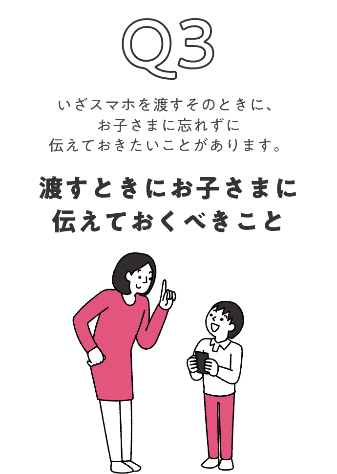 Q3 いざスマホを渡すそのときに、お子さまに忘れずに伝えておきたいことがあります。渡すときにお子さまに伝えておくべきこと