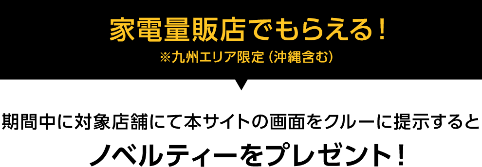 家電量販店でもらえる！※九州エリア限定（沖縄含む）期間中に対象店舗にて本サイトの画面をクルーに提示するとノベルティをプレゼント！