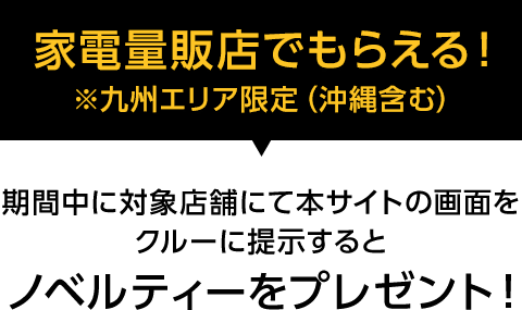 家電量販店でもらえる！※九州エリア限定（沖縄含む）期間中に対象店舗にて本サイトの画面をクルーに提示するとノベルティをプレゼント！