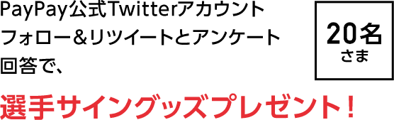 PayPay公式Twitterアカウントフォロー＆
リツイートとアンケート回答で、選手サイングッズプレゼント！5名さま