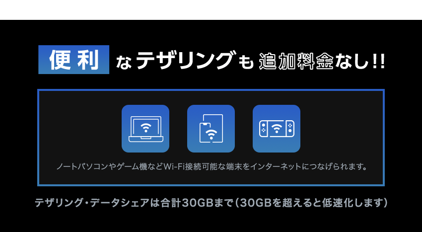 便利なデザリングも追加料金なし！！ノートパソコンやゲーム機などWi-Fi接続可能な端末をインターネットにつなげられます。テザリング・データシェアは合計30GBまで（30GBを超えると低速化します）