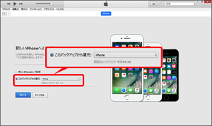 「このバックアップから復元」にチェックし、バックアップデータをクリック