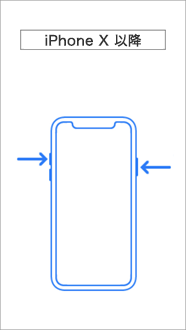 iPhone X 以降の場合（サイドボタンと音量ボタンを同時に長押しします。サイドボタンを素早く5回押す方法も設定で変更できます。）